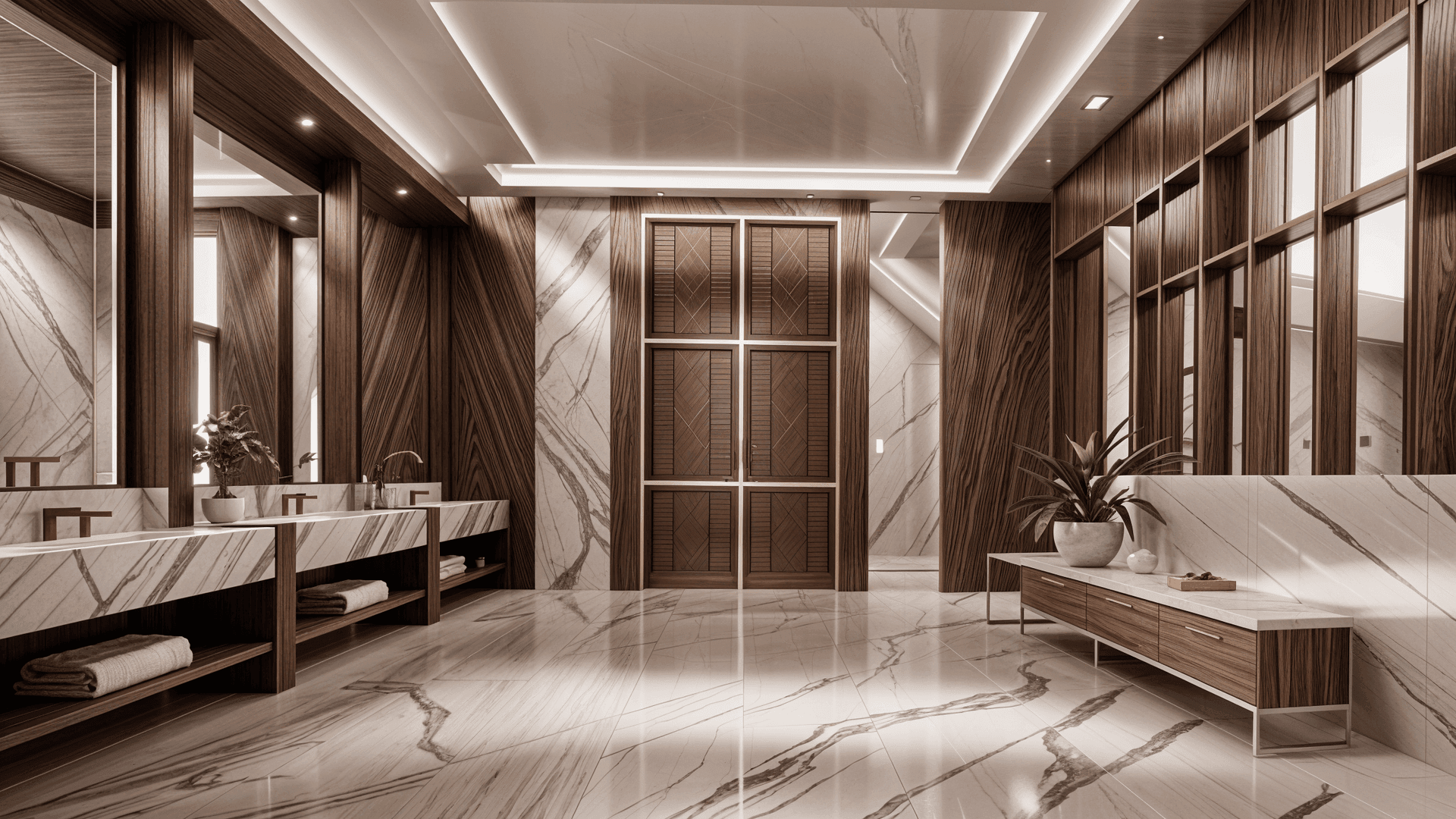 Luxurious modern bathroom with marble floor and wooden accents, featuring dual sinks and large mirrors.